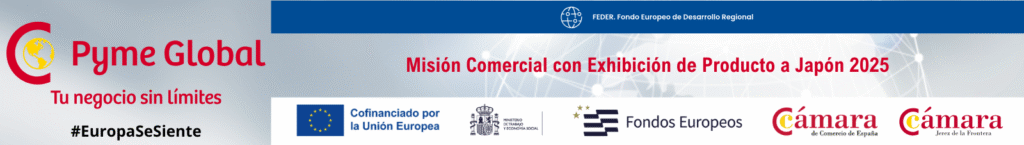 "(Nombre de la empresa) ha sido beneficiario/a del Fondo Europeo de Desarrollo Regional, cuyo objetivo es conseguir un tejido empresarial más competitivo y gracias al cual ha acudido a la Misión Comercial a Japón 2025. Esta acción tuvo lugar del 07 al 12 de julio de 2025. Para ello, ha contado con el apoyo del Programa Pyme Global de la Cámara de Comercio de Jerez de la Frontera.
 
#EuropaSeSiente"