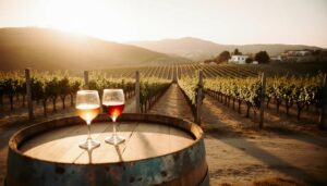 foto de vino con viñedos de fondo en jerez enoturismo