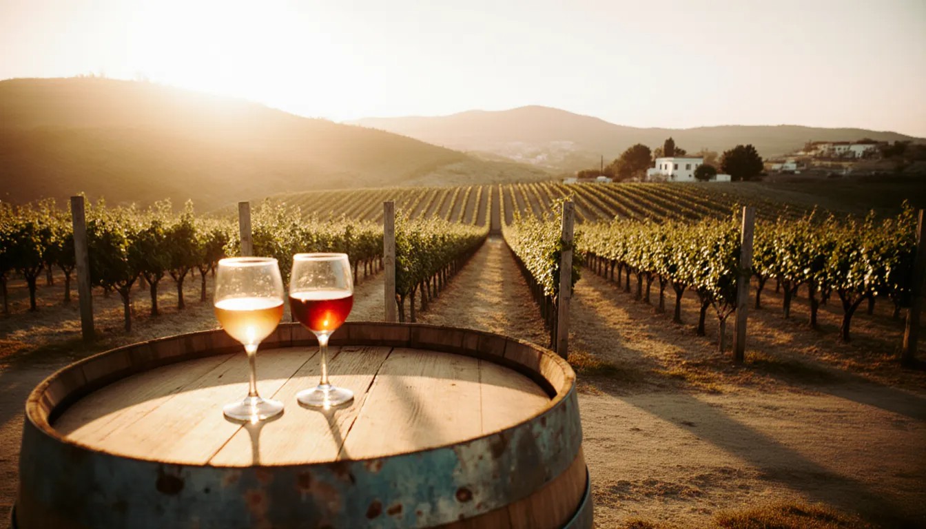 foto de vino con viñedos de fondo en jerez enoturismo