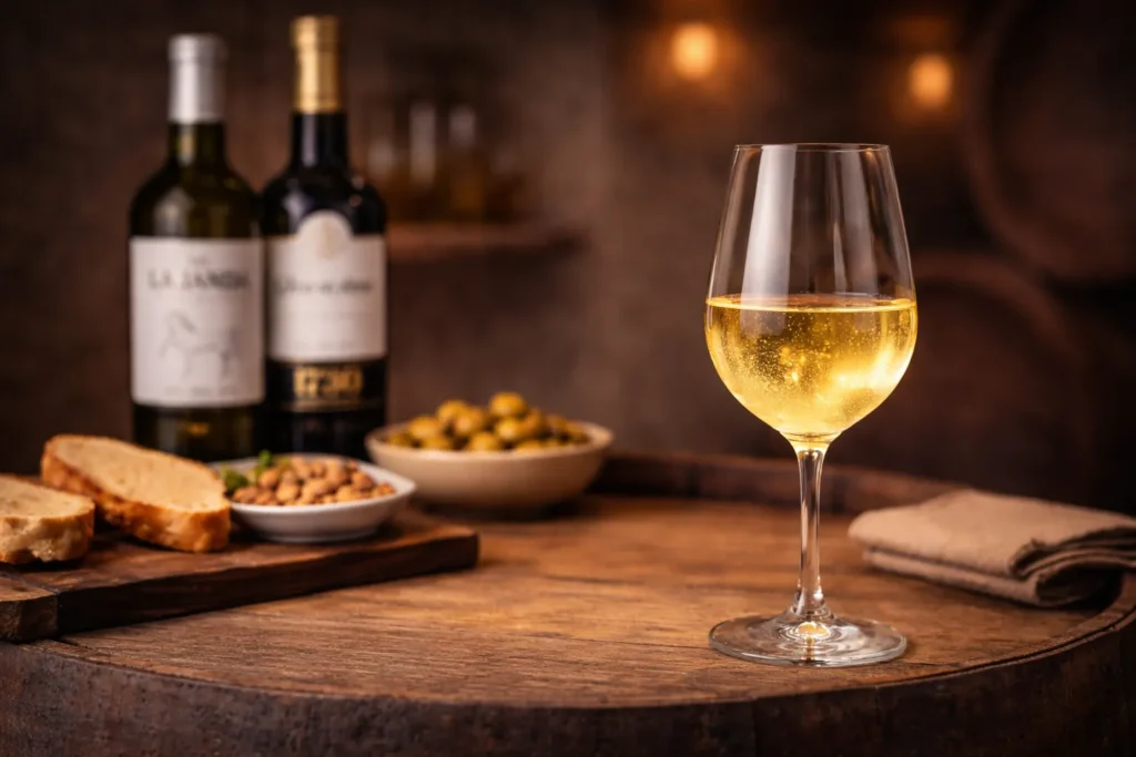 Copa de vino fino sobre una barrica, junto a dos botellas de vino fino de Álvaro Domecq y algunas tapas.