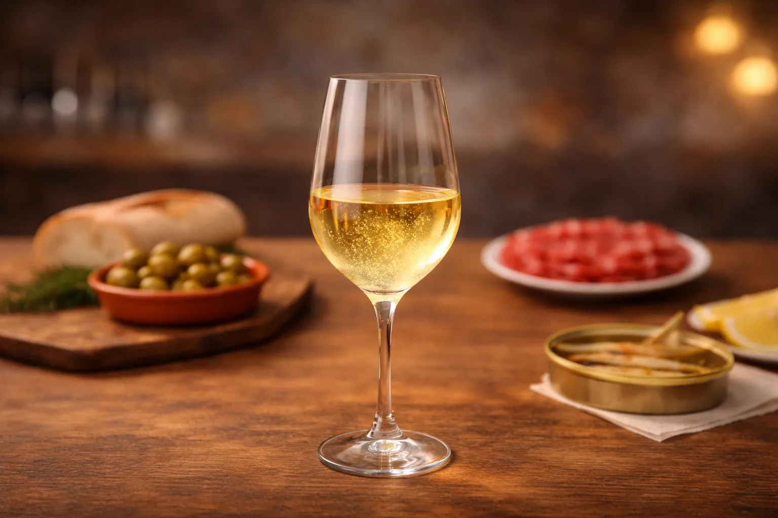Copa de vino fino sobre una mesa de madera con tapas de maridaje alrededor.