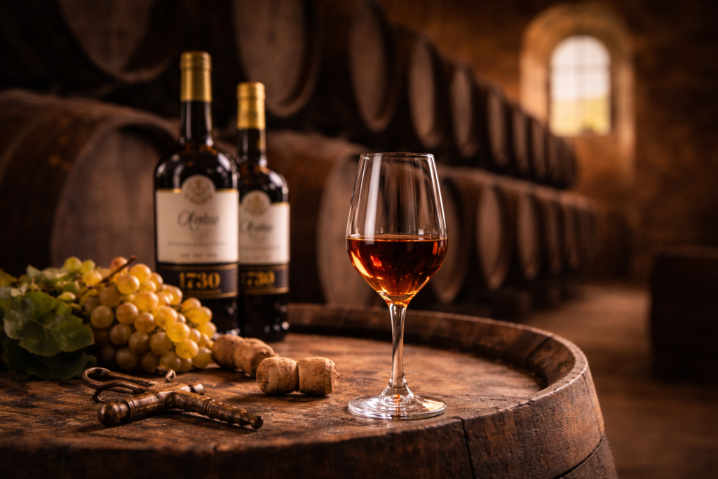Copa de vino oloroso sobre una barrica con un acimo de uvas al lado y un par de botellas de 1730 Oloroso de Álvaro Domecq.