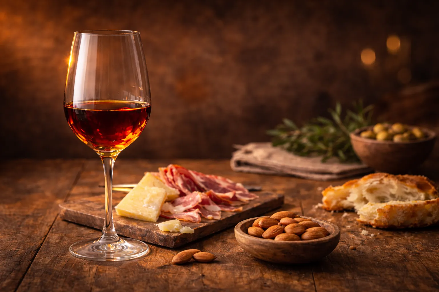 Copa de vino oloroso sobre una mesa de madera, acompañada de diversas tapas como maridaje.