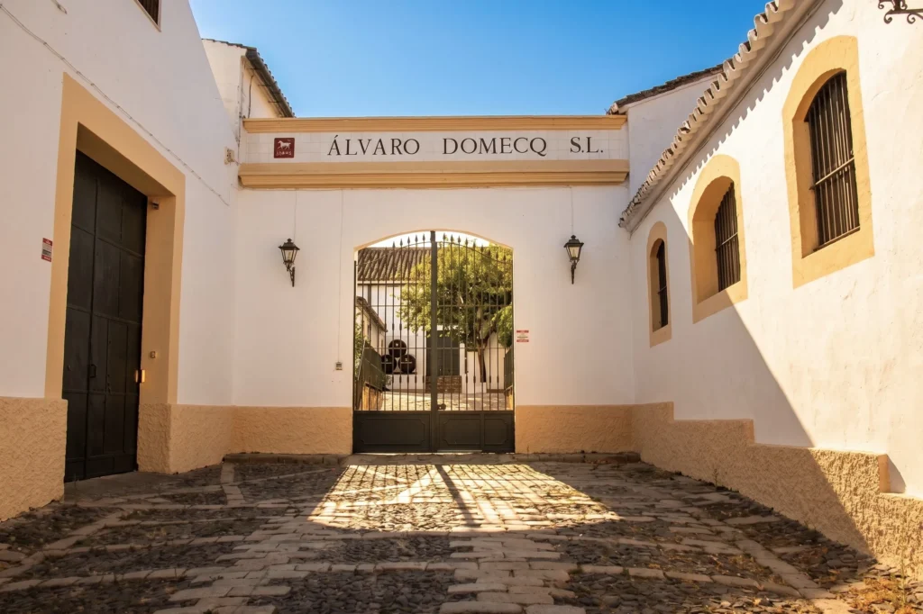 Patio andaluz de la bodega Álvaro Domecq en Jerez con fachadas blancas, portón de hierro y suelo empedrado.